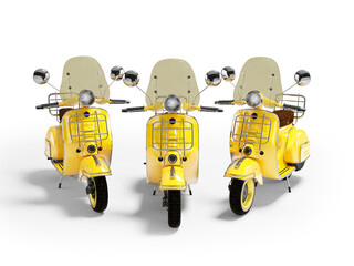 Wall Mural - 3d illustration of three yellow scooters riding in the city on white background with shadow