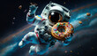 A cosmonaut in space is holding a huge donut. Dessert snack with chocolate coating and sprinkles. The image of elation after eating a delicious donut. Galaxy background.