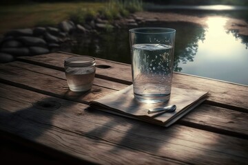 Sticker - Outside, a wooden table with a glass of water in it is shown. Generative AI