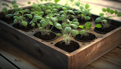 Poster -  a wooden box filled with lots of green plants on top of a wooden table next to a wooden table with a wooden table and a wooden floor.  generative ai