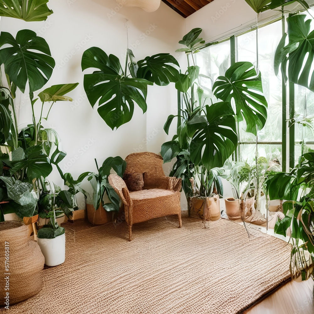 Image showcasing Cozy eco-house with room with rattan chairs, jute rugs on the floor and ...