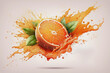 Watercolor cut orange on juice splash and spatter background.AI generated.