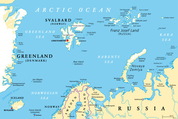 arctic ocean region north of mainland europe, political map. from the eastern part of greenland to s