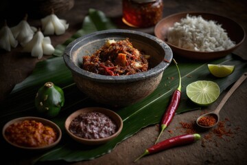 Sticker - Coconut sambal close up on table with Sri Lankan food. Generative AI