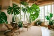 Cozy eco-house with room with rattan chairs, jute rugs on the floor and giant Monstera Deliciosa plant. Natural sustainable materials in eco-friendly interior design - generative ai