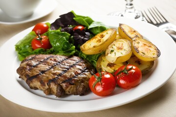 two pieces of grilled potato and grilled meat next to lettuce with tomatoes and olives on a white plate. Generative AI