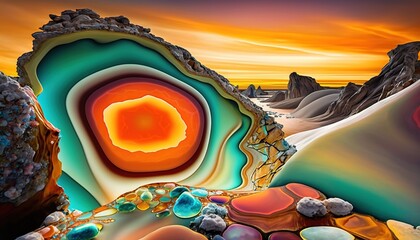  a painting of a mountain landscape with a colorful rock formation in the foreground and a mountain range in the background with a bright orange sky.  generative ai