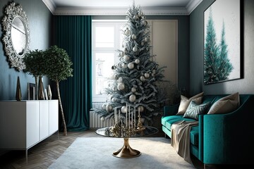 Canvas Print - Decorated Christmas tree in stylish living room interior. Generative AI