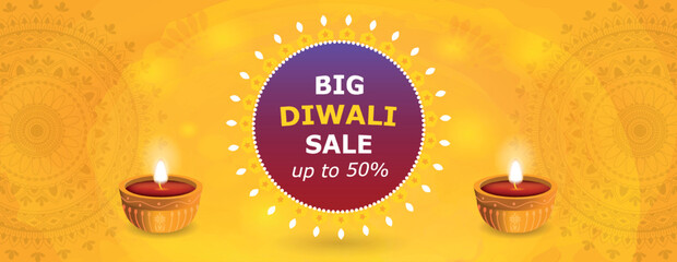 Wall Mural - Big sale diwali banner. Advertising graphic element for website, marketing. Candles and inscription, special offer, discounts and promotions. Traditional holiday. Cartoon flat vector illustration