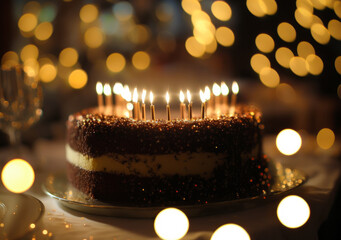 Poster - Birthday cake with lit candles on table. Generative AI.