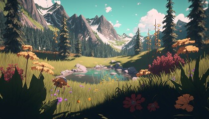 Poster -  a painting of a mountain landscape with flowers and a lake in the middle of the picture and a few mountains in the background with clouds.  generative ai