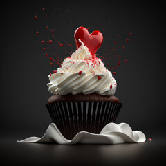 Sticker - Cupcake with white frosting and red heart on top. Generative AI.