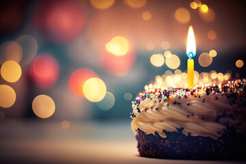 A birthday cake with candle lighting placed on table with light bokeh background. Generative Ai image.