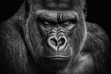 Black And White Head Portrait Of A Gorilla