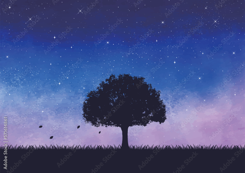 水彩の夜空と星と草原の木シンボルツリー風景 の Stock ベクター