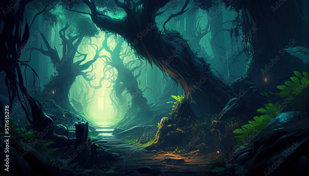 Deep forest fantasy backdrop painting illustration with Generative AI ...