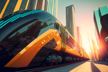 Wall Mural - Modern futuristic passenger train in city center. Neural network generated art