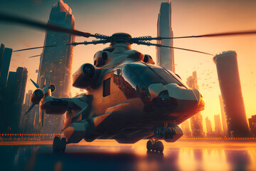 Wall Mural - Modern futuristic army helicopter transport in city center. Neural network generated art