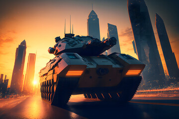 Wall Mural - Modern futuristic battle tank with turret and cannon in city center. Neural network generated art