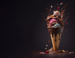 Ice cream in a cone on a dark background. Illustration of dessert and splash of chocolate, fruit, topping. The whole thing is sprinkled with fruit and sprinkles. Food style photography. Generative AI.