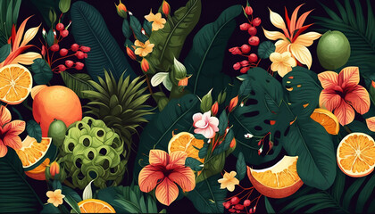 Illustration of tropical pattern with rainforest plants like leaves, fruits and flowers. Tropical wallpaper background. Natural light, pastel colors. Modern composition art. Generative AI.