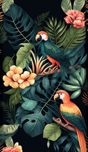 Tropical Pattern With Rainforest Plants And Birds Like Leaves, Fruits And Flowers. Tropical Wallpaper Background. Natural Light, Pastel Colors. Modern Composition Art. Generative AI.