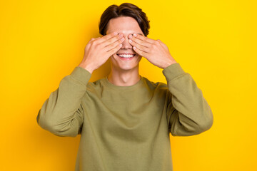 Sticker - Photo of funky crazy man wear quality clothes hiding eyes playing game isolated on yellow color background