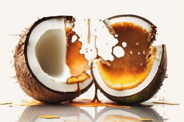 Poster - Coconut fruit split in half with oil leaking from it, isolated on white. Generative AI