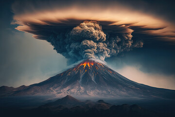 A panoramic view of a volcano with a plume of smoke in the background, Rank 1 National Geographic, volcano, mountain, landscape, sky, nature, mount, eruption, fuji, clouds, travel, peak, lava, snow, 