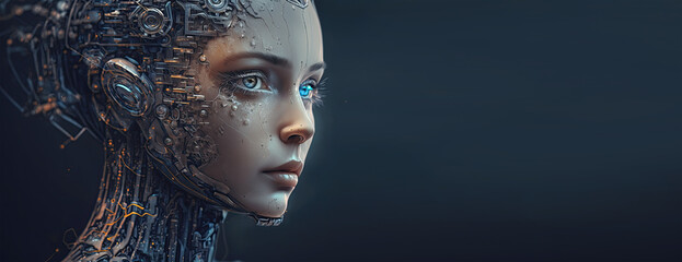 Artificial intelligence in woman humanoid head with neural network thinks. Digital Brain is training in the processing of big data, analytical information. The face of the cyber mind. Generative AI