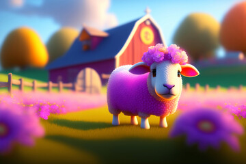 Wall Mural - A cute sheep in front of a barn with colorful flowers. Farm animal. Generative AI.