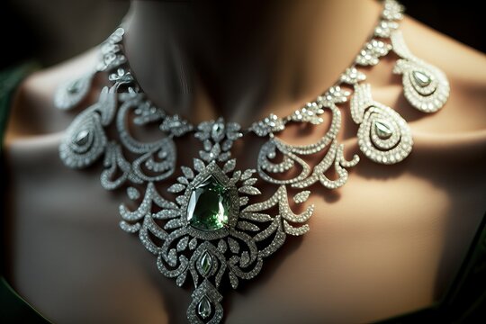 Diamond necklace, wearing by woman in luxury dress (Ai generated)