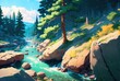 © SoulMyst - Unexplored wilderness of conifer pine trees growing on rocky cliffs, river streams flowing into a vast lake. Rugged terrain and lush green vegetation - generative AI.