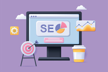 Wall Mural - seo development concept 3d illustration. icon composition with data statistics, site browser on comp