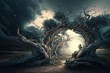 a surreal landscape, with dark clouds, twisted trees, and mysterious glowing portals. Generative AI