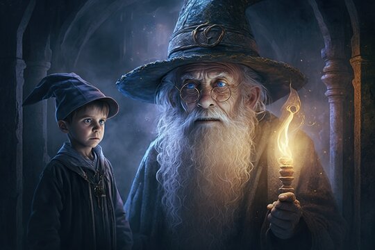 Old wizard with a wand and a young wizard's apprentice. Generative AI. No real person.