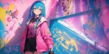 Fototapeta  - Beautiful anime girl, graffiti Artist. Generative AI