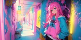 Fototapeta  - Beautiful anime girl, graffiti Artist. Generative AI