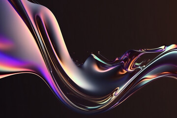 Wall Mural - Abstract fluid 3d render holographic iridescent neon curved wave in motion dark background. generative AI digital illustration.