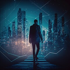 Wall Mural - Business technology concept, Professional business man walking on future network city background and futuristic interface graphic at night, Cyberpunk color style, generative ai