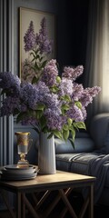 Sticker - Beautiful lilac flowers on table in living room. Generative AI