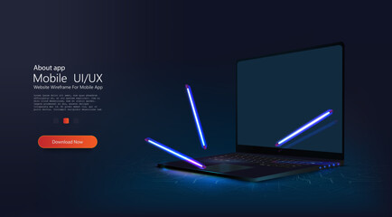 Aufkleber - A portable neon computer with a blank screen and a desk in a dark room with blue lighting. Technological background with a laptop. Vector illustration