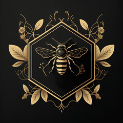 Illustration of a black and gold honeybee emblem with a hexagon on a black background