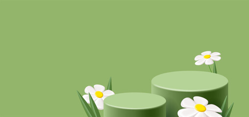 Spring green podium, cylinder pedestal with white chamomile daysy flowers and grass, render 3d graphics