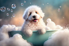 Сute Fluffy Bobtail Puppy Takes A Bath Filled With Foam, A Kawaii Dog With Fluffy Fur Sits In A Bathtub. Looking At The Camera, Cute Pet, Pet Washing, Generative AI