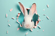 Bunny peeking out of a hole in blue wall, fluffy eared bunny easter bunny banner, rabbit jump out torn hole, Generative AI