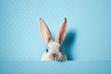 Wall Mural - Bunny peeking out of a hole in blue wall, fluffy eared bunny easter bunny banner, rabbit jump out torn hole, Generative AI