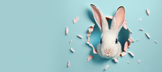 bunny peeking out of a hole in blue wall, fluffy eared bunny easter bunny banner, rabbit jump out to
