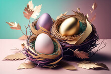 Colourful Golden, Purple Easter Eggs In Nests In Art Deco, Renaissance Style, Golden Eggs. Volumetric Image, Golden Tree Leaves, Flying Birds And Feathers, Elegant Postcard , Generative AI