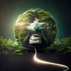 Canvas Print - Electric vehicle and EV electrical energy for the environment, EV vehicle on forest road with earth planet passing through forest, generative ai